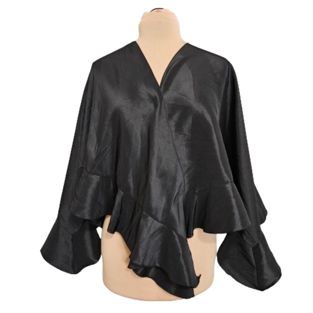 Alex Evenings Poncho Black Ruffled Dressy Occasion Cape Velcro Closure Wrap